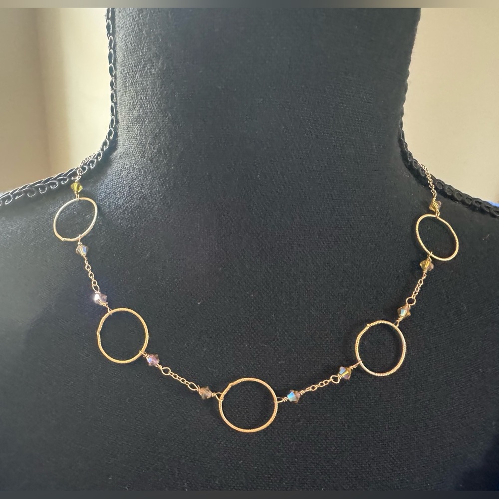 14K yellow gold filled adjustable circles necklace with crystals
